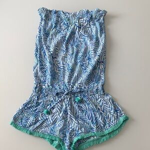 Poupette St Barth  Printed Strapless Romper with Green Trim Sz 1